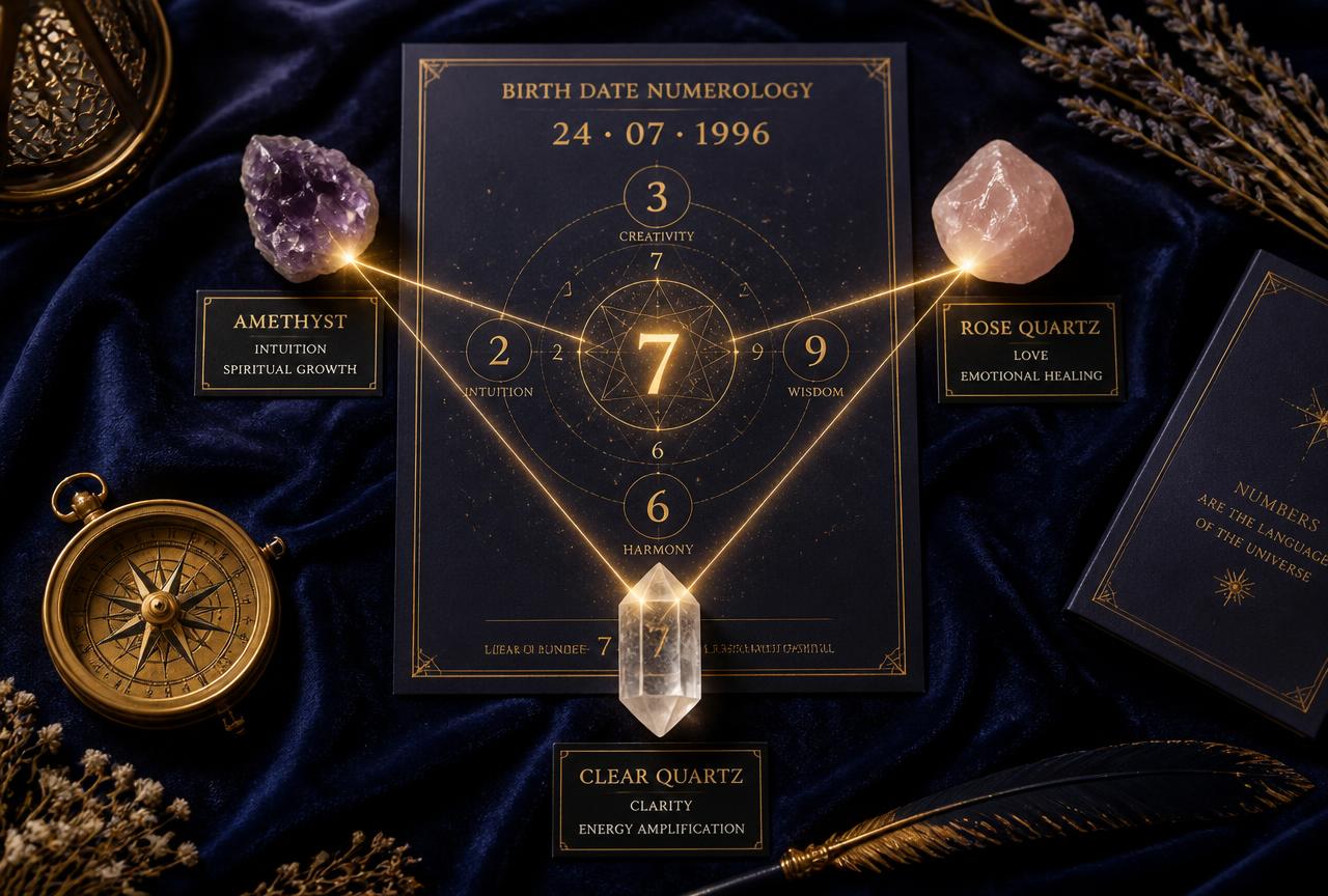 Numerology chart with amethyst, rose quartz and clear quartz connected by golden light