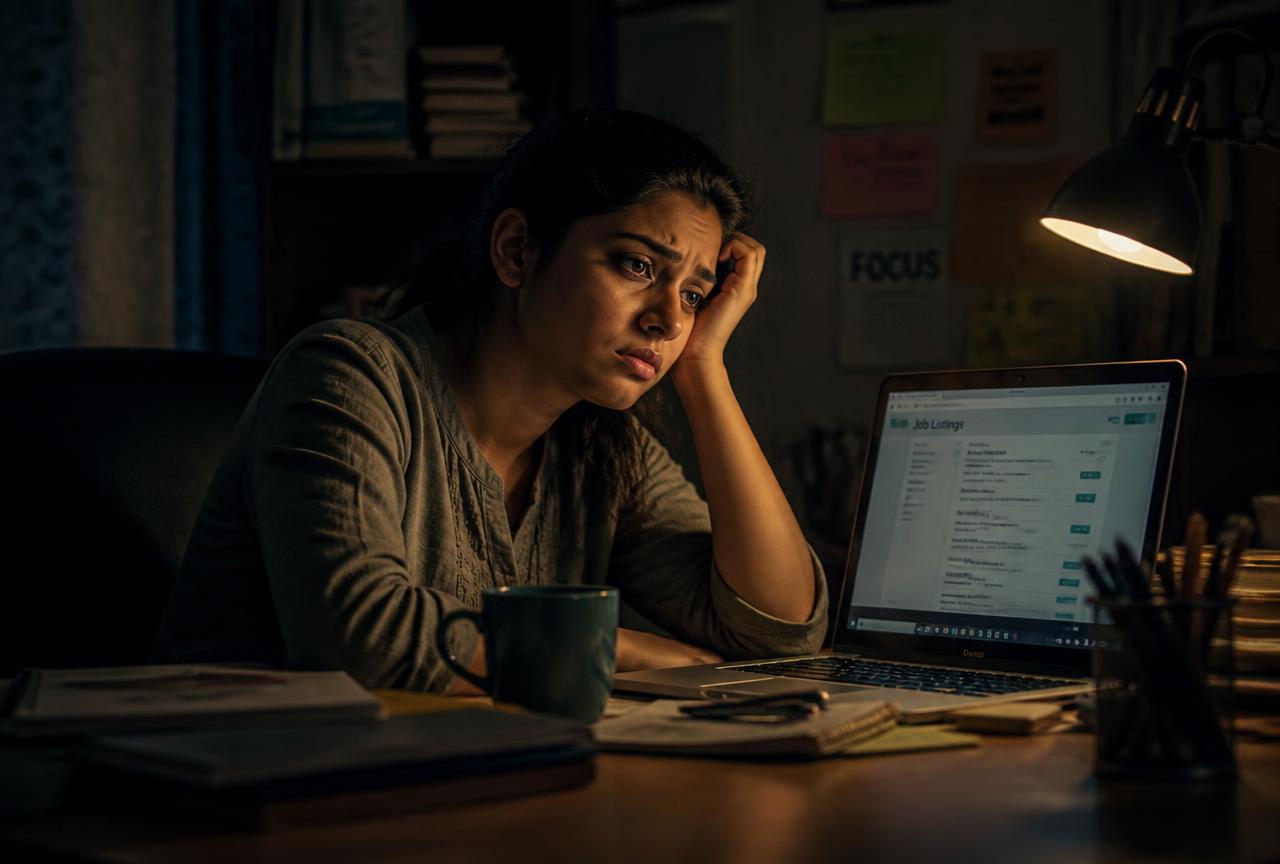 A woman sitting confused at her desk late at night scrolling job listings